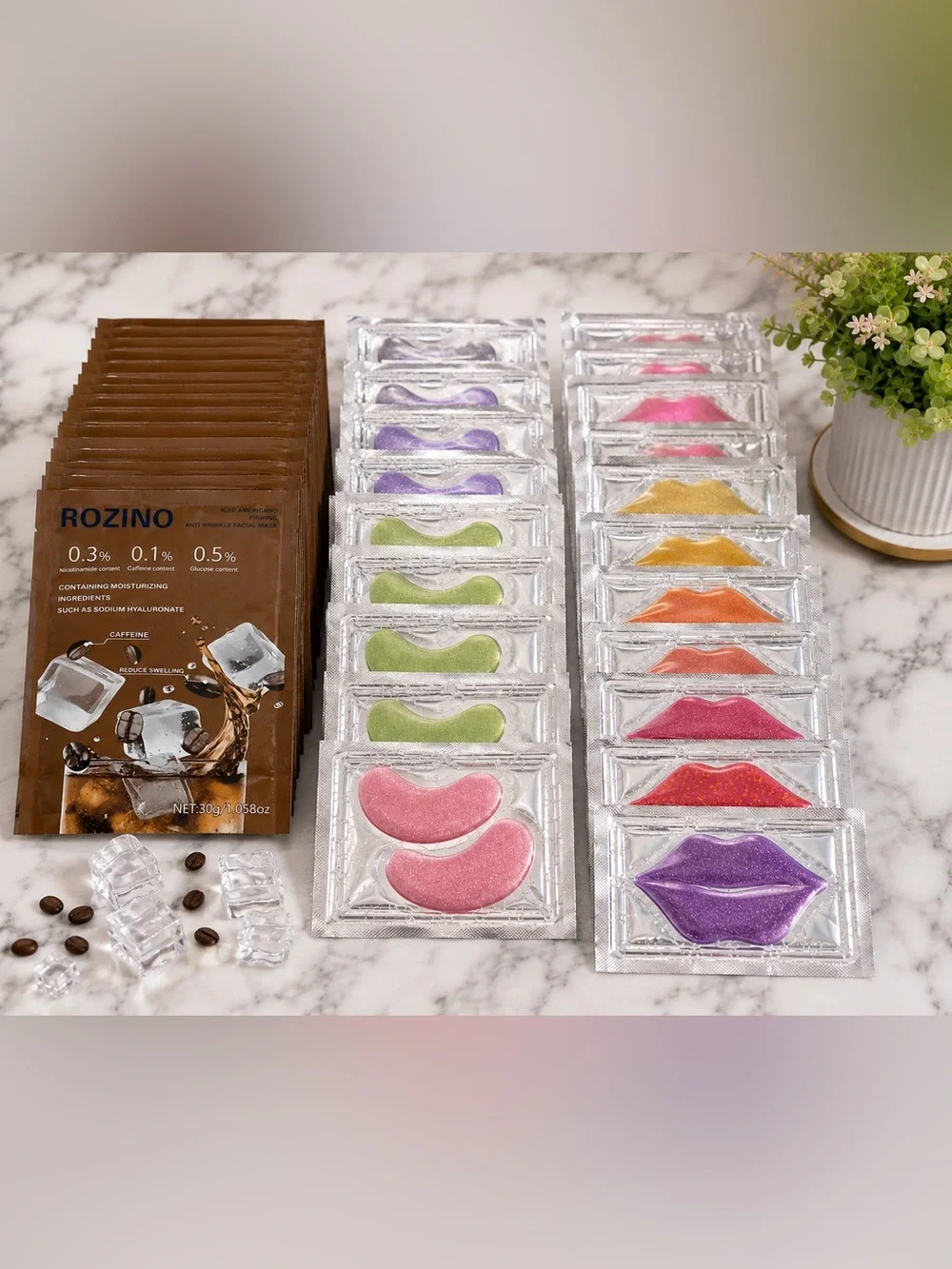 ROZINO 55-Piece Skincare Mask Bundle – Lip, Eye & Iced Americano Masks
